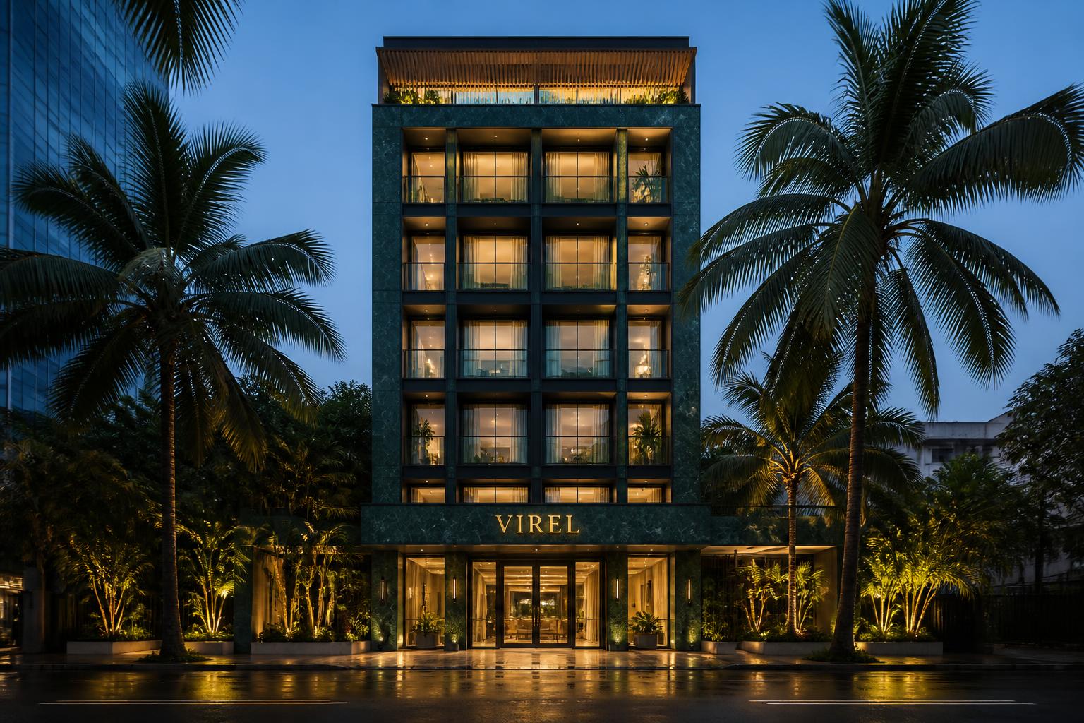 VIREL House exterior at dusk